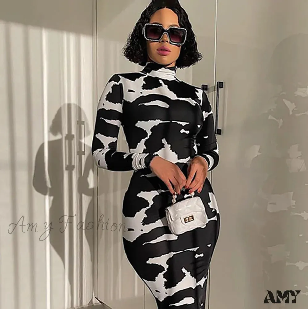 Amy Fashion - Long Sleeve Printed Bodycon Pencil Long Dress