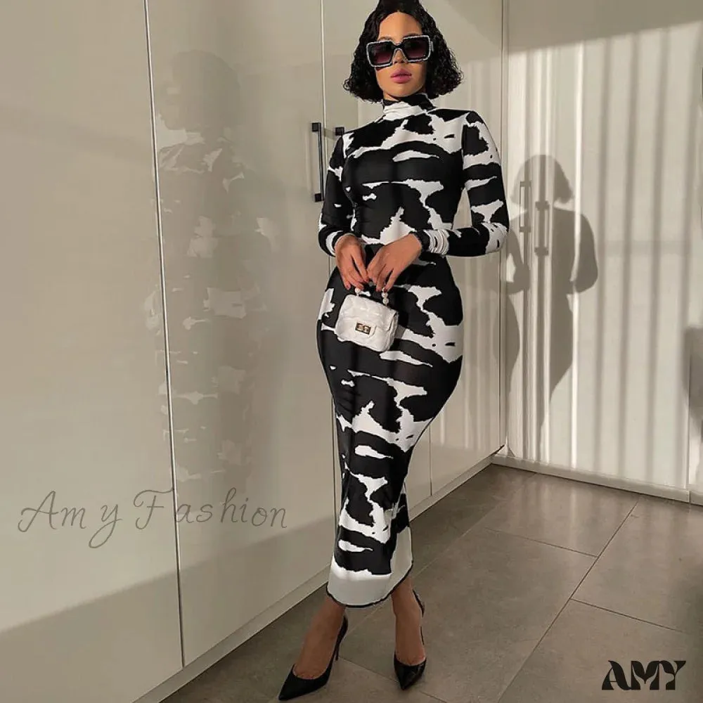 Amy Fashion - Long Sleeve Printed Bodycon Pencil Long Dress