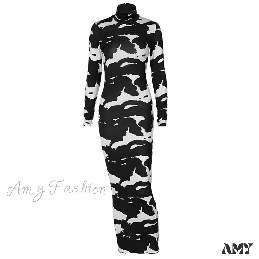 Amy Fashion - Long Sleeve Printed Bodycon Pencil Long Dress