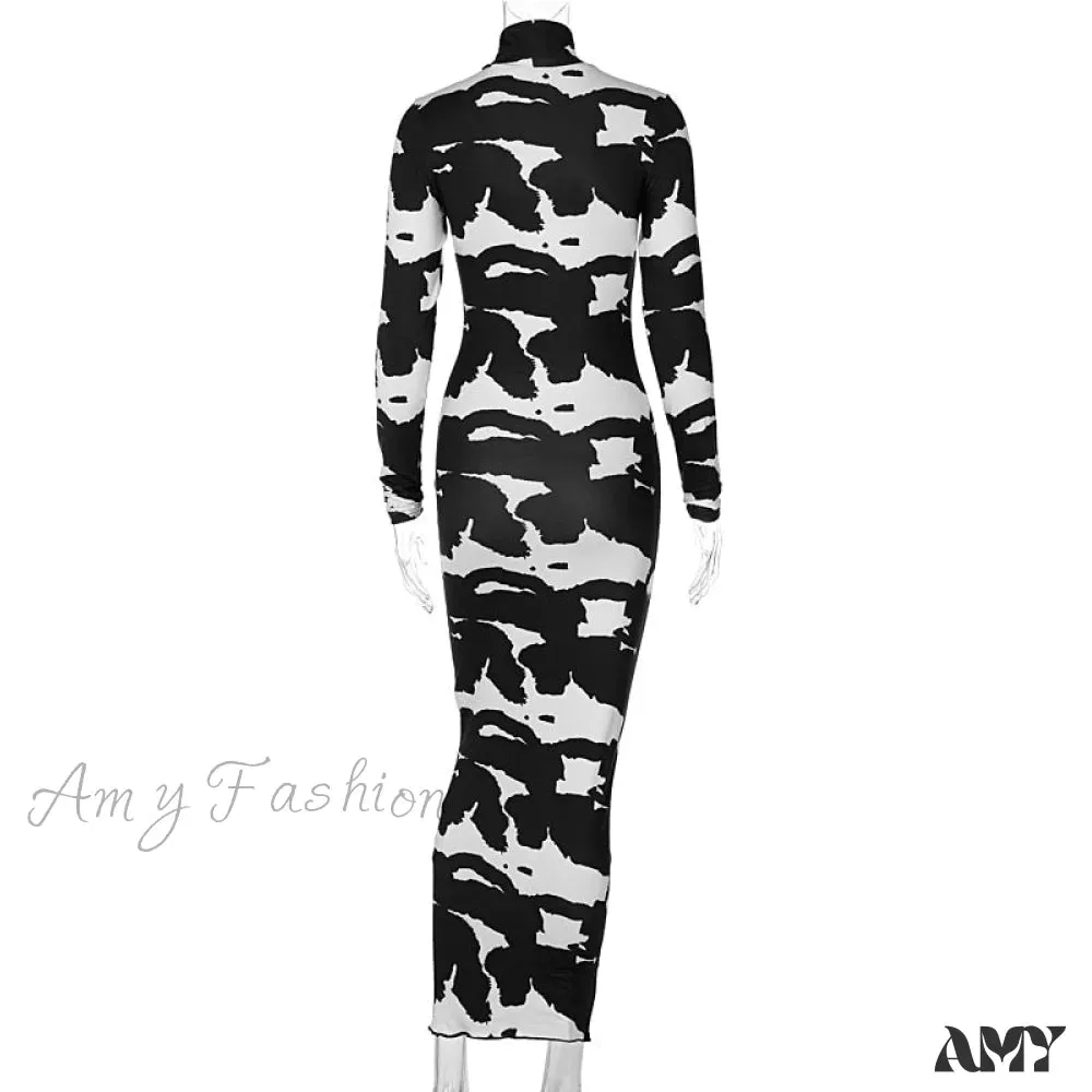 Amy Fashion - Long Sleeve Printed Bodycon Pencil Long Dress