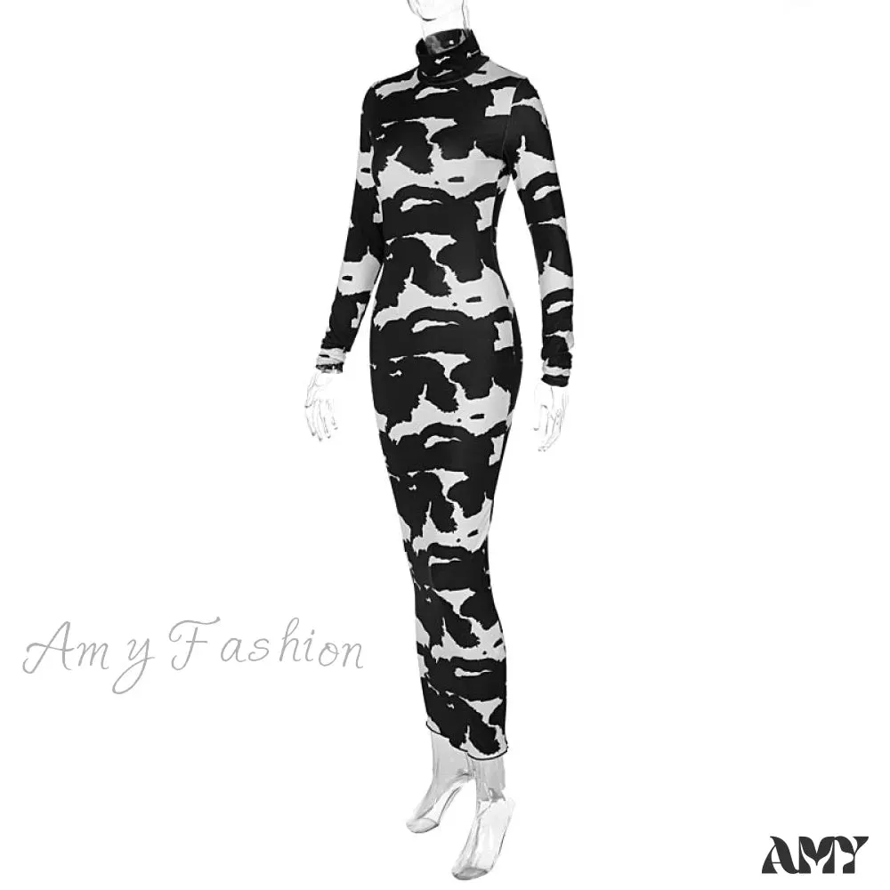 Amy Fashion - Long Sleeve Printed Bodycon Pencil Long Dress