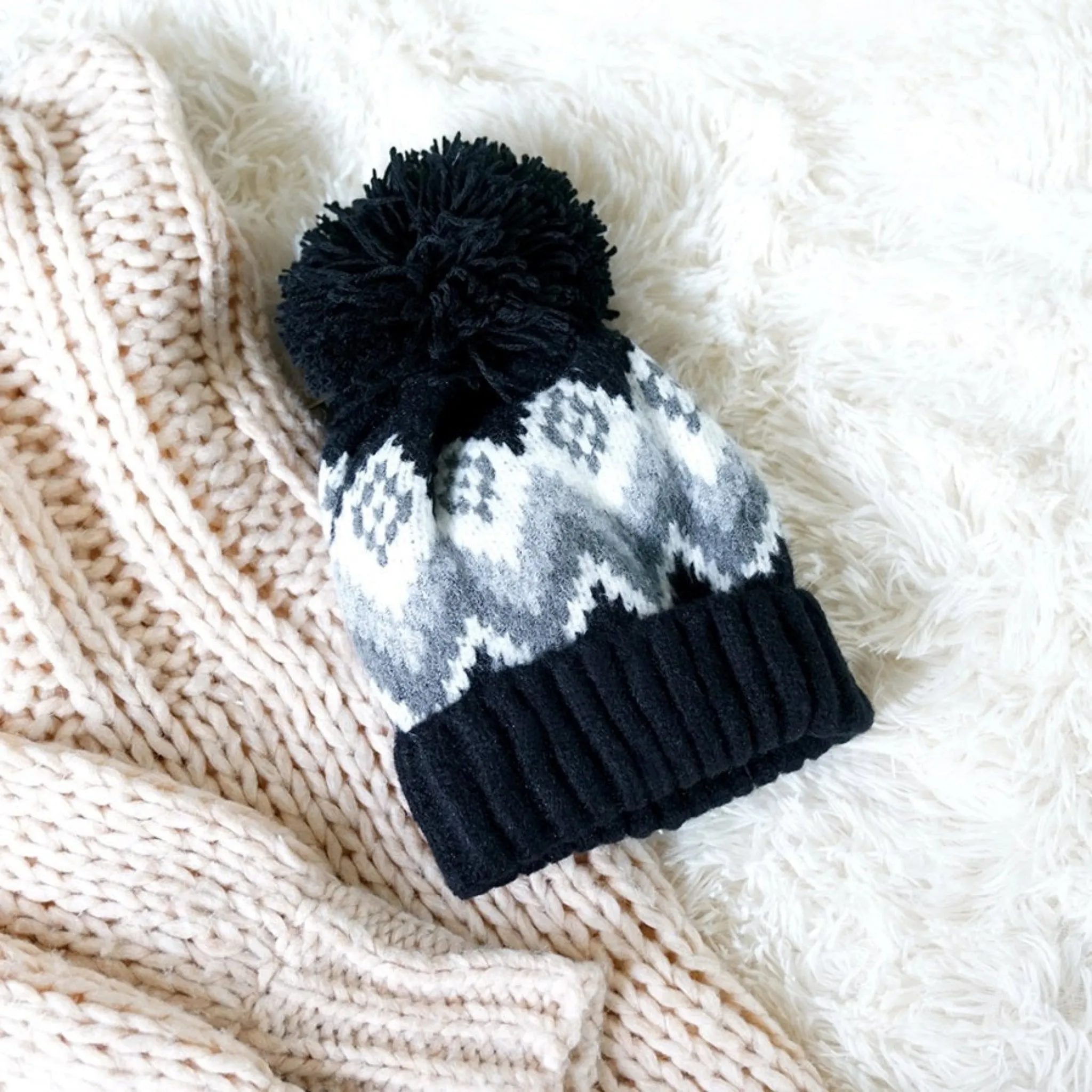 Aztec knit lined cozy Adult beanie Pom Pom Winter Hat