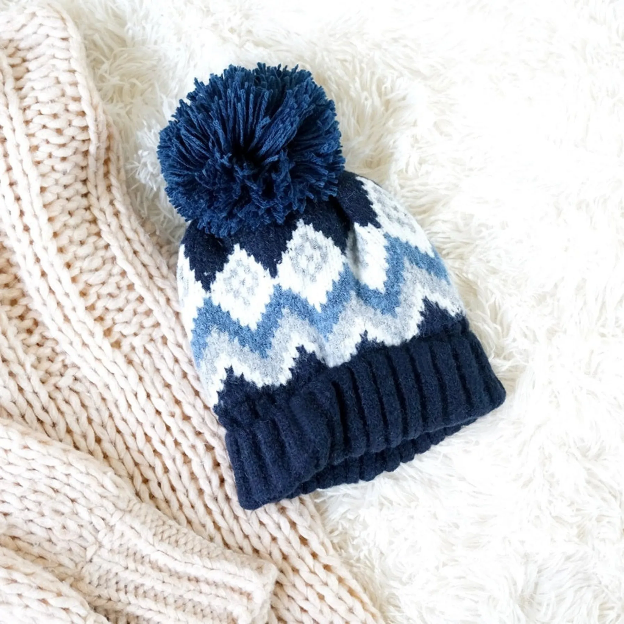 Aztec knit lined cozy Adult beanie Pom Pom Winter Hat