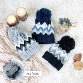 Aztec knit lined cozy Adult beanie Pom Pom Winter Hat