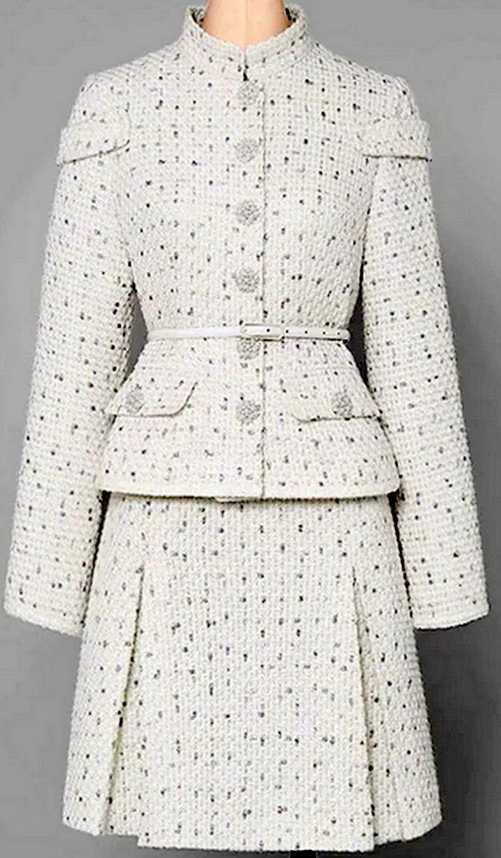 Belted Button-Embellished Jacket and Skirt Set, White