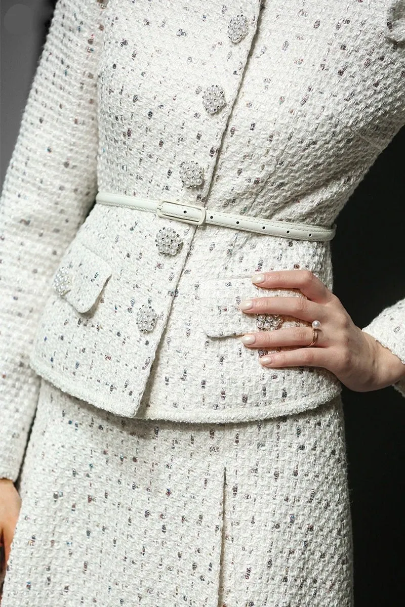 Belted Button-Embellished Jacket and Skirt Set, White