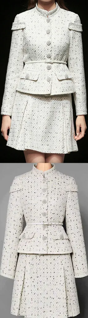 Belted Button-Embellished Jacket and Skirt Set, White