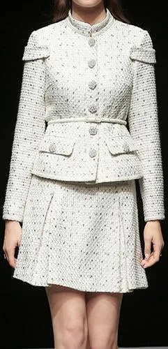 Belted Button-Embellished Jacket and Skirt Set, White