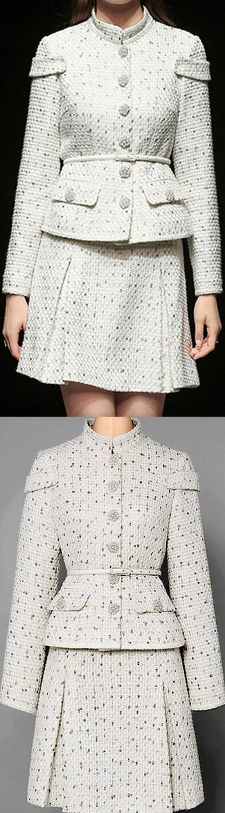 Belted Button-Embellished Jacket and Skirt Set, White