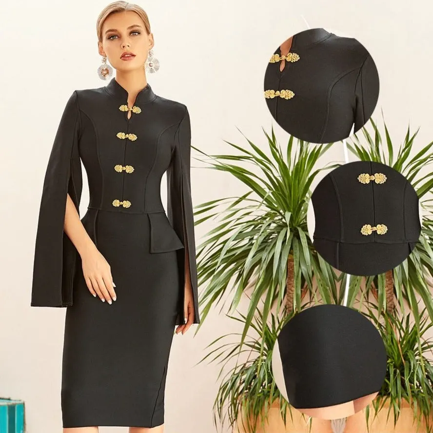 Black Cape Sleeve Midi Bodycon Dress