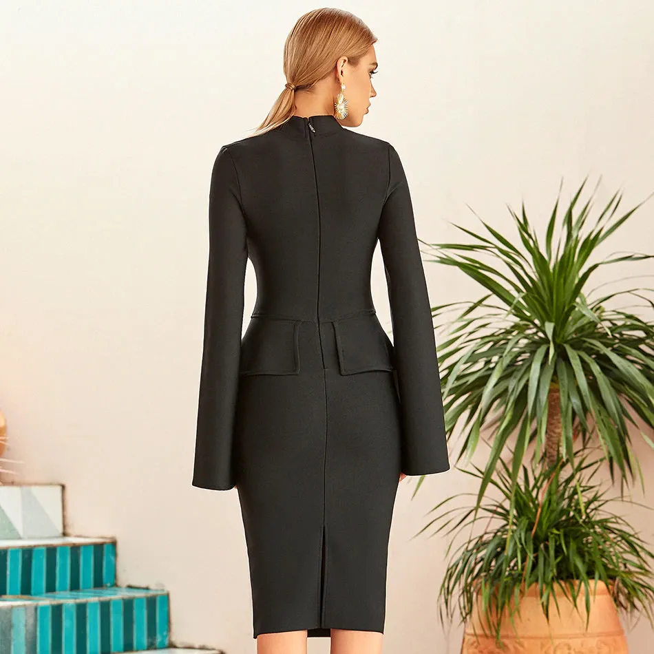 Black Cape Sleeve Midi Bodycon Dress