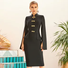 Black Cape Sleeve Midi Bodycon Dress