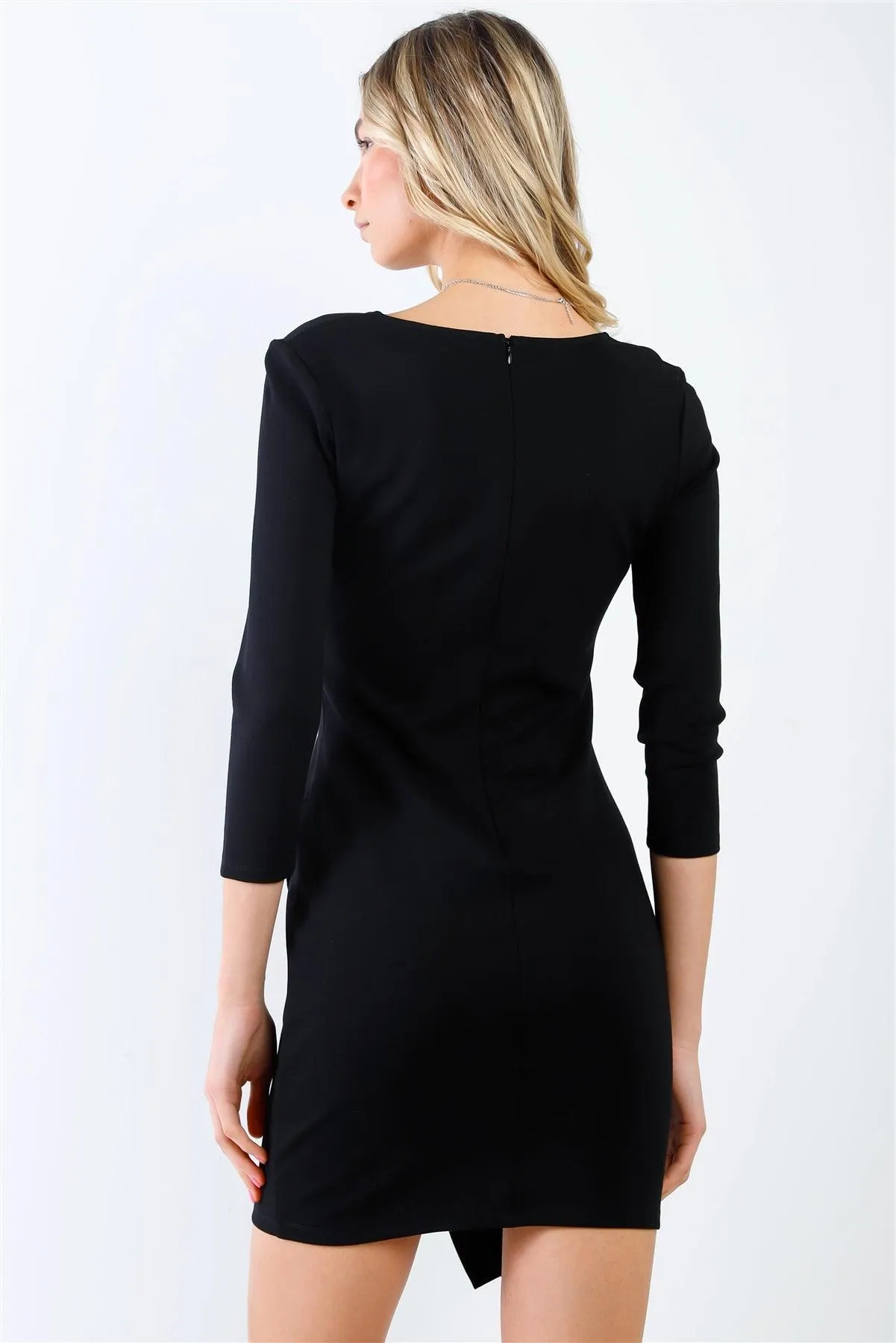 Black Midi Sleeve Asymmetrical Hem V-Neck Fitted Mini Dress /1-2-2-1