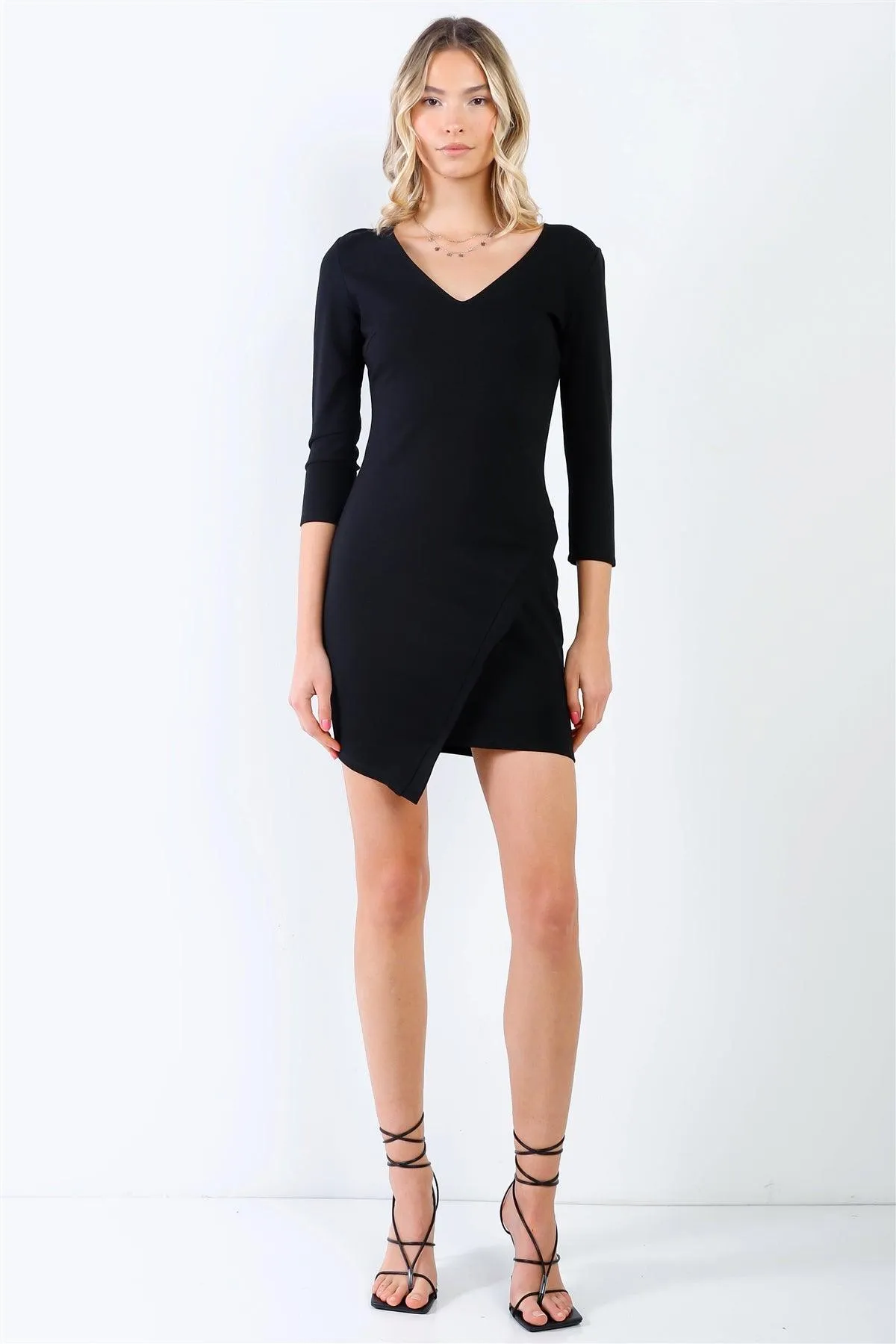 Black Midi Sleeve Asymmetrical Hem V-Neck Fitted Mini Dress /1-2-2-1