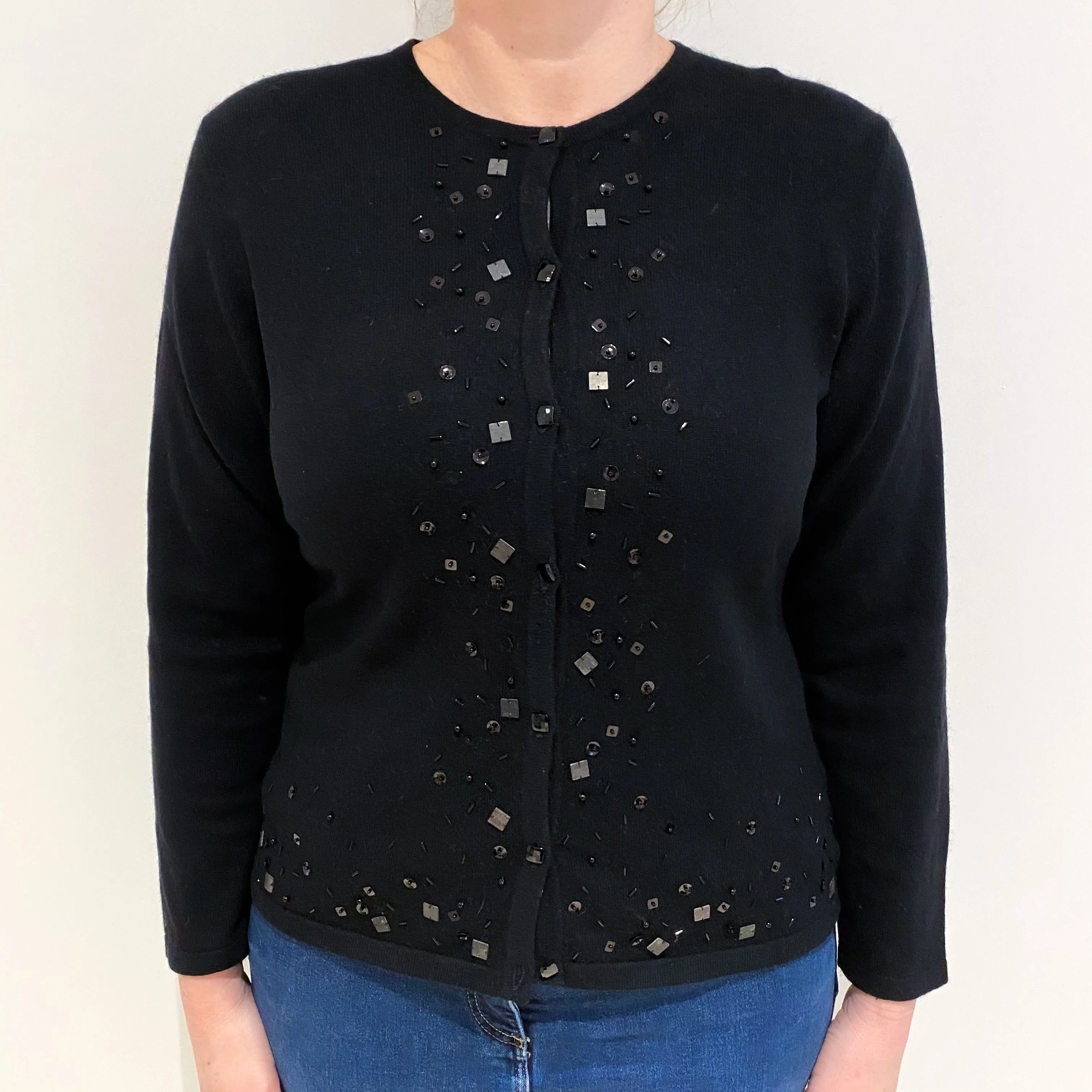 Black Sequinned Cashmere Crew Neck Cardigan Large