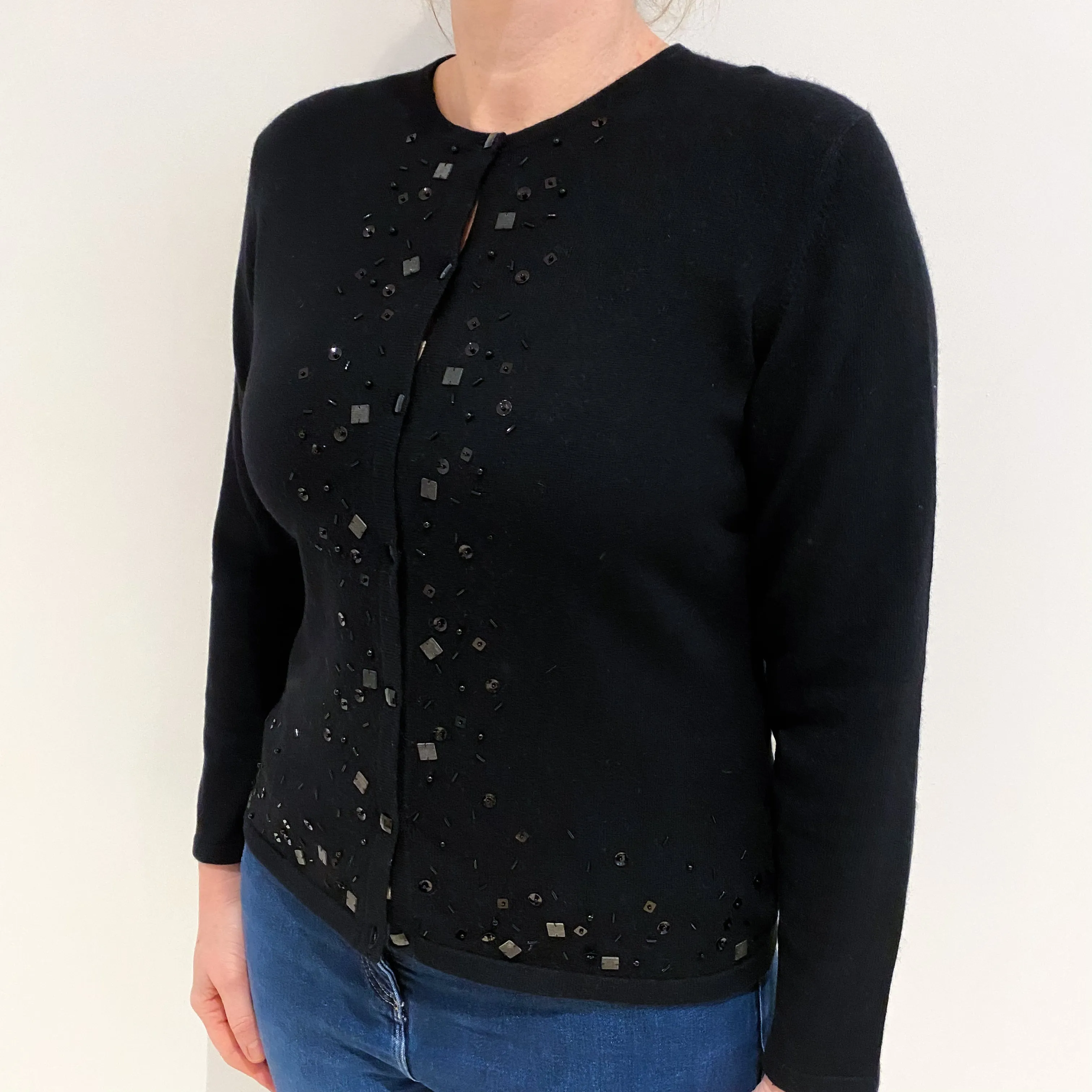 Black Sequinned Cashmere Crew Neck Cardigan Large