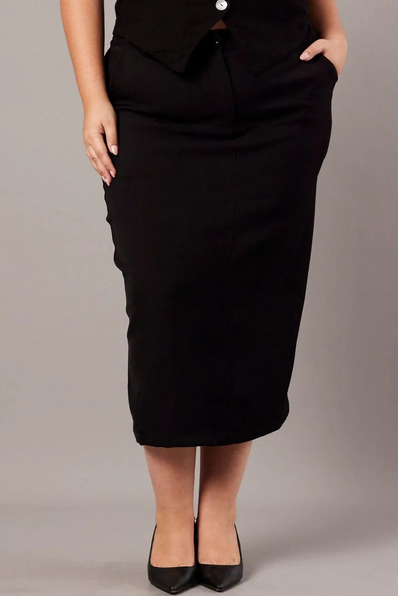 Black Tailored Midi Pencil Skirt