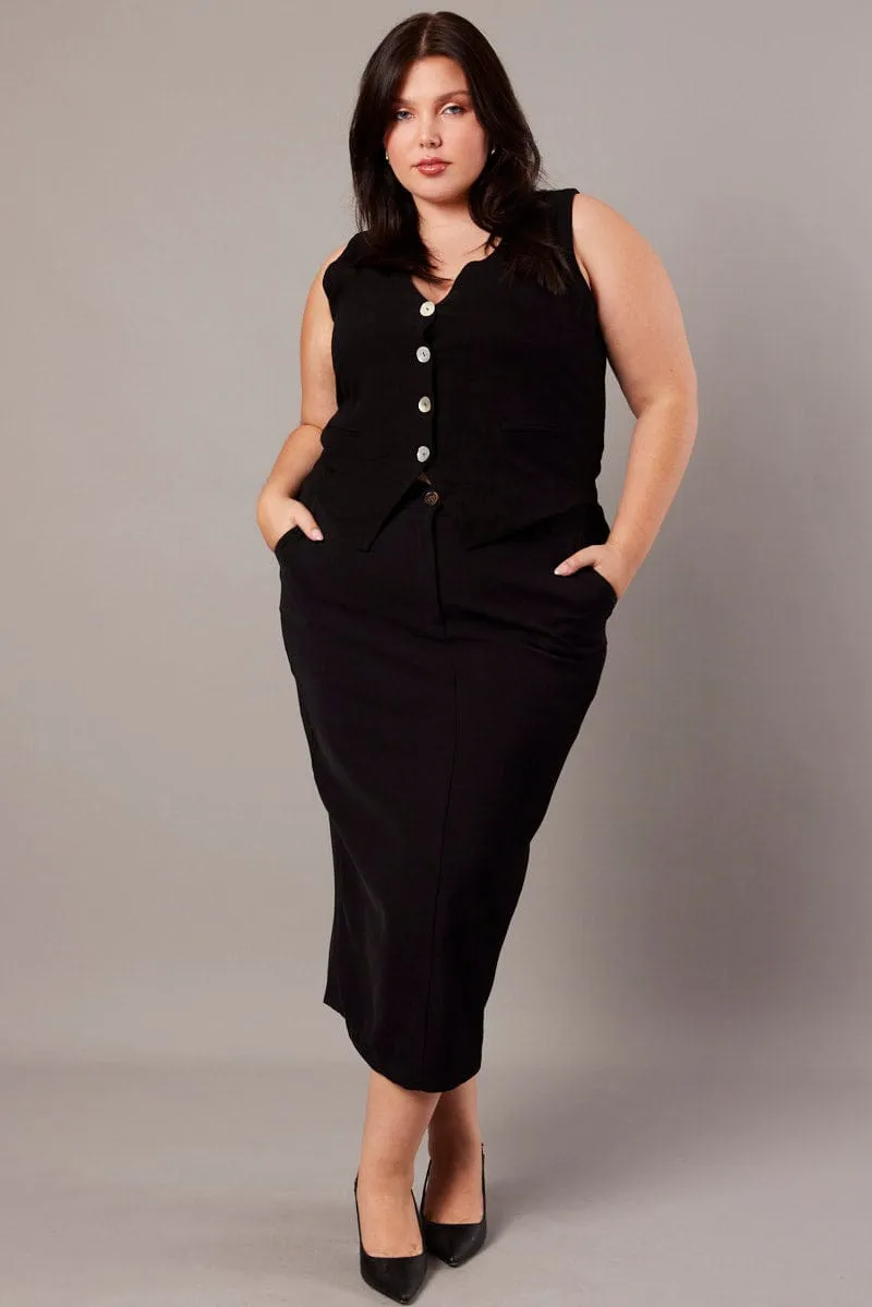 Black Tailored Midi Pencil Skirt