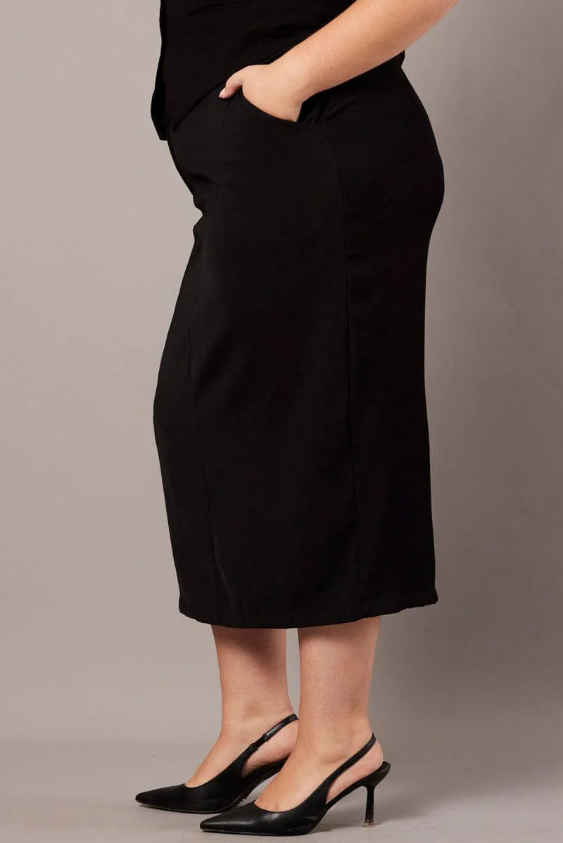 Black Tailored Midi Pencil Skirt