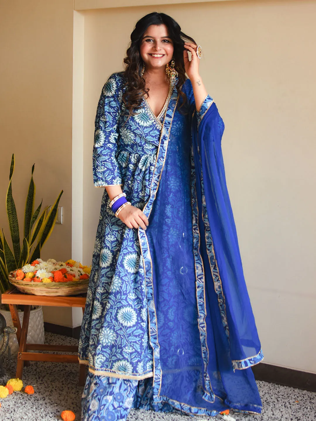 Blue Cotton Floral Block Print Kurta Palazzo Set  - By Janasya