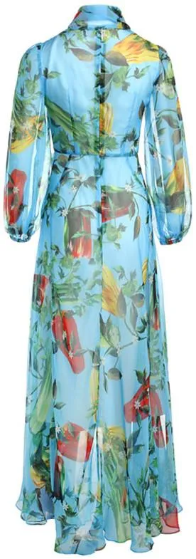 Blue Vegetable-Print Chiffon Maxi Dress