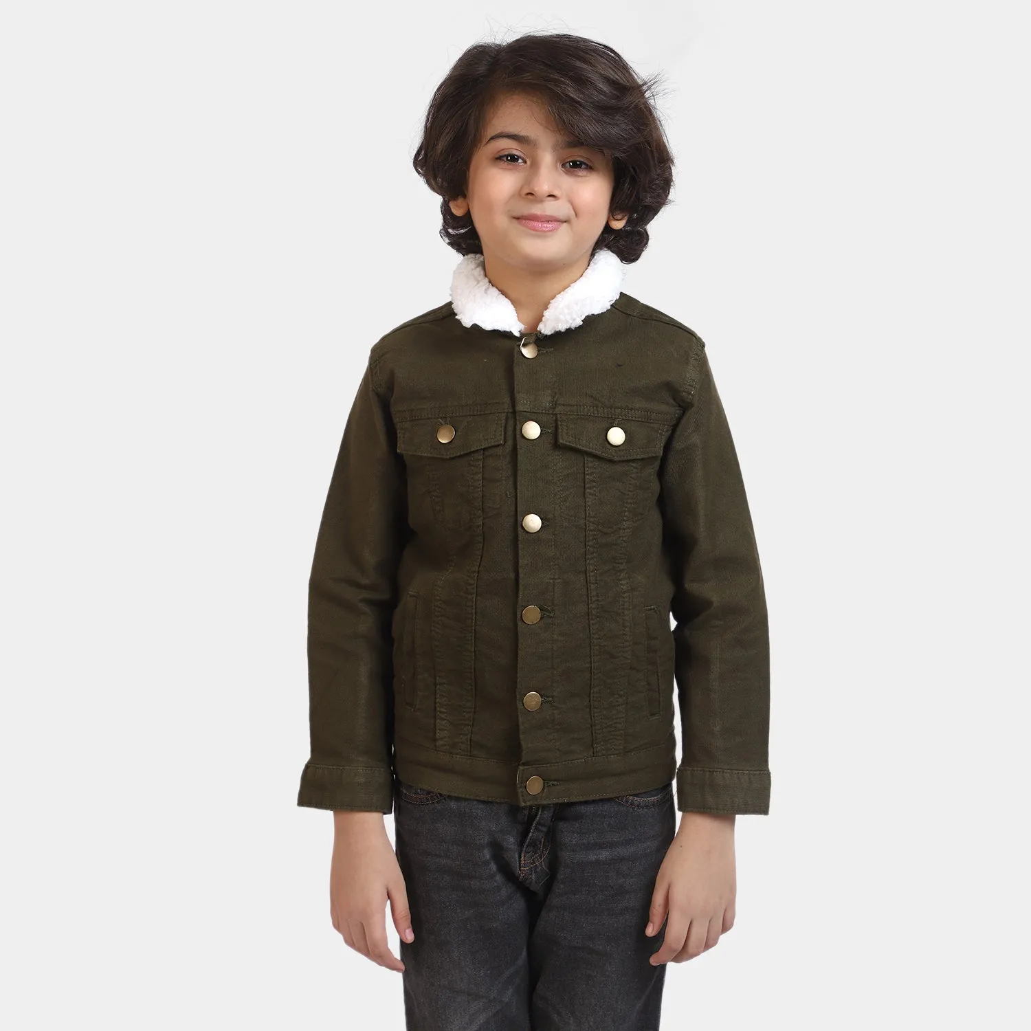 Boys Cotton Jacket Collar Sherpa-Olive Green