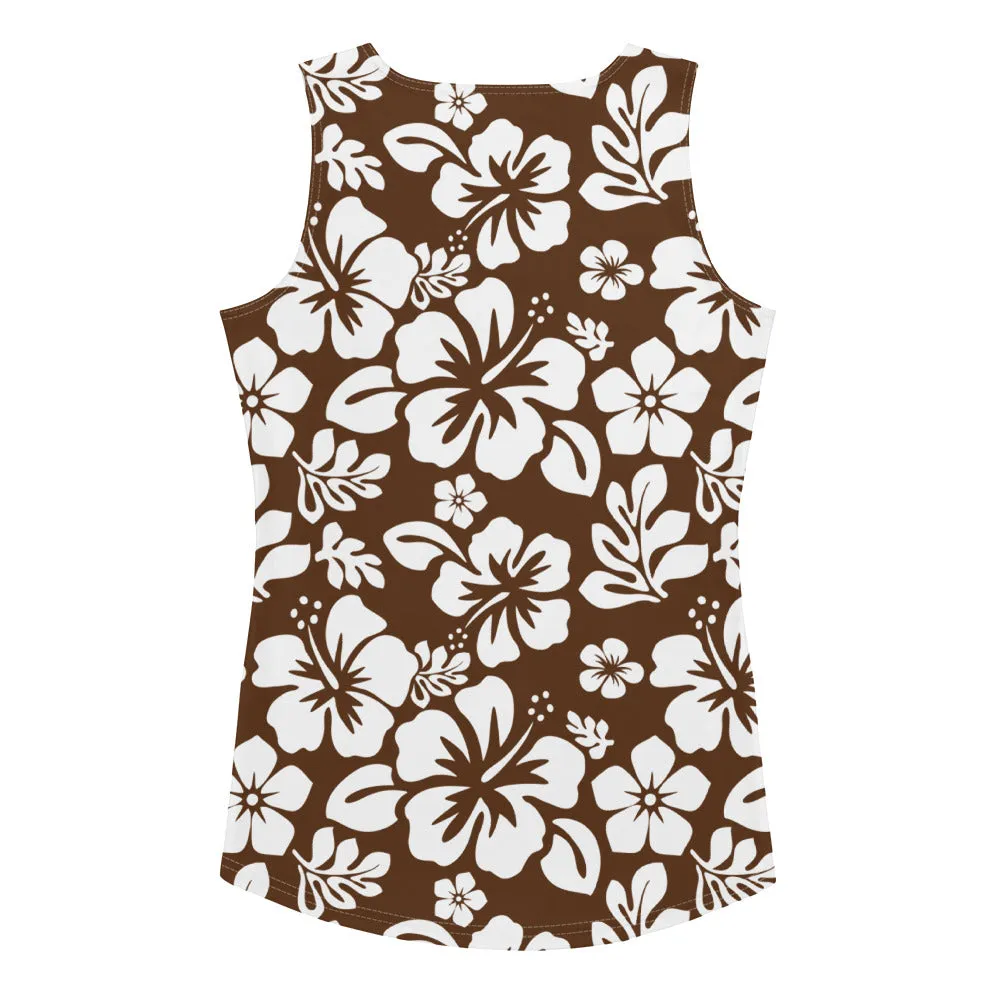 Brown and White Hawaiian Flowers Women's Athletic Swim Tank Top