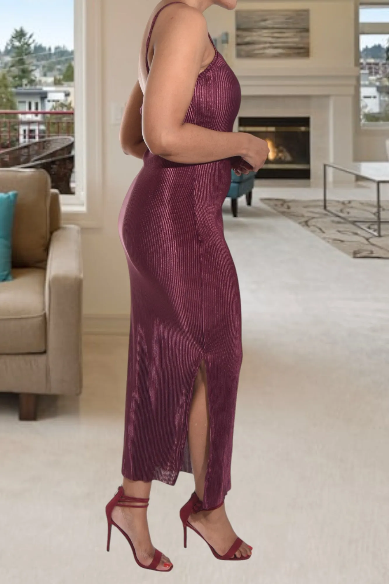 Burgundy Plisse Strappy Dress