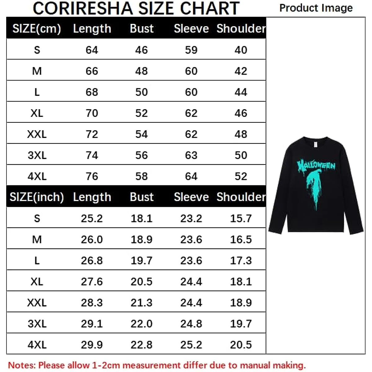 CORIRESHA Halloween Blood Crewneck Long Sleeve Gothic Unisex Scary T-Shirt