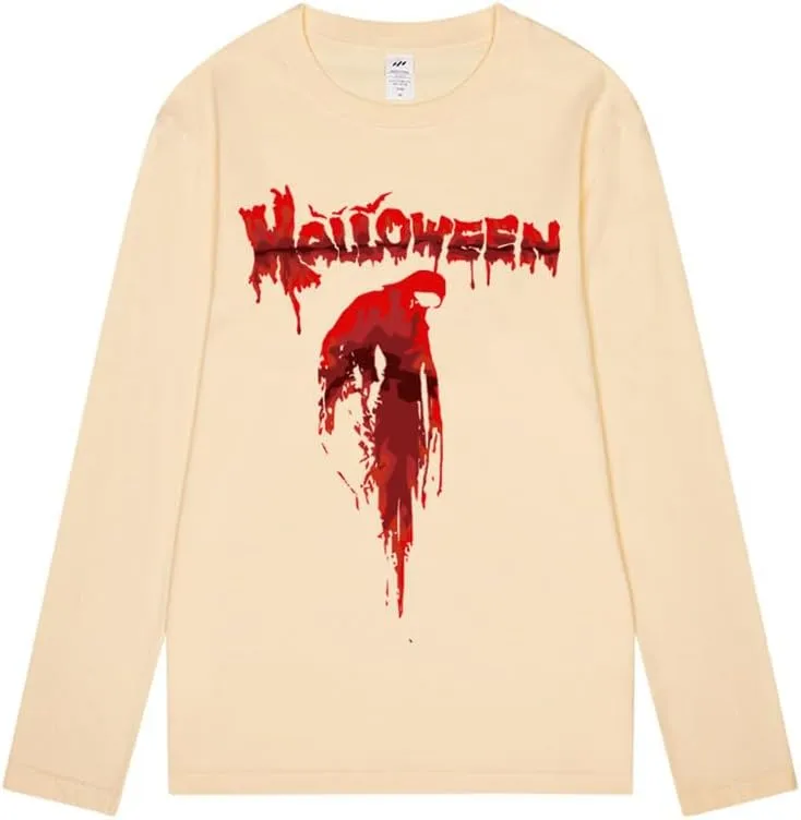 CORIRESHA Halloween Blood Crewneck Long Sleeve Gothic Unisex Scary T-Shirt