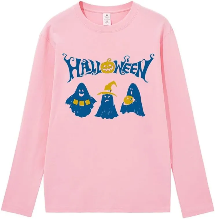 CORIRESHA Teen Ghost T-Shirt Crewneck Long Sleeve Cotton Harajuku Halloween Tops