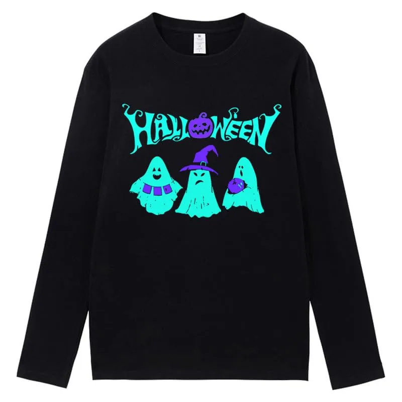 CORIRESHA Teen Ghost T-Shirt Crewneck Long Sleeve Cotton Harajuku Halloween Tops