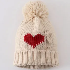 Cream Knit Heart Beanie Pom Pom Baby Hat