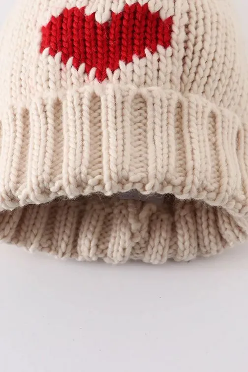 Cream Knit Heart Beanie Pom Pom Baby Hat