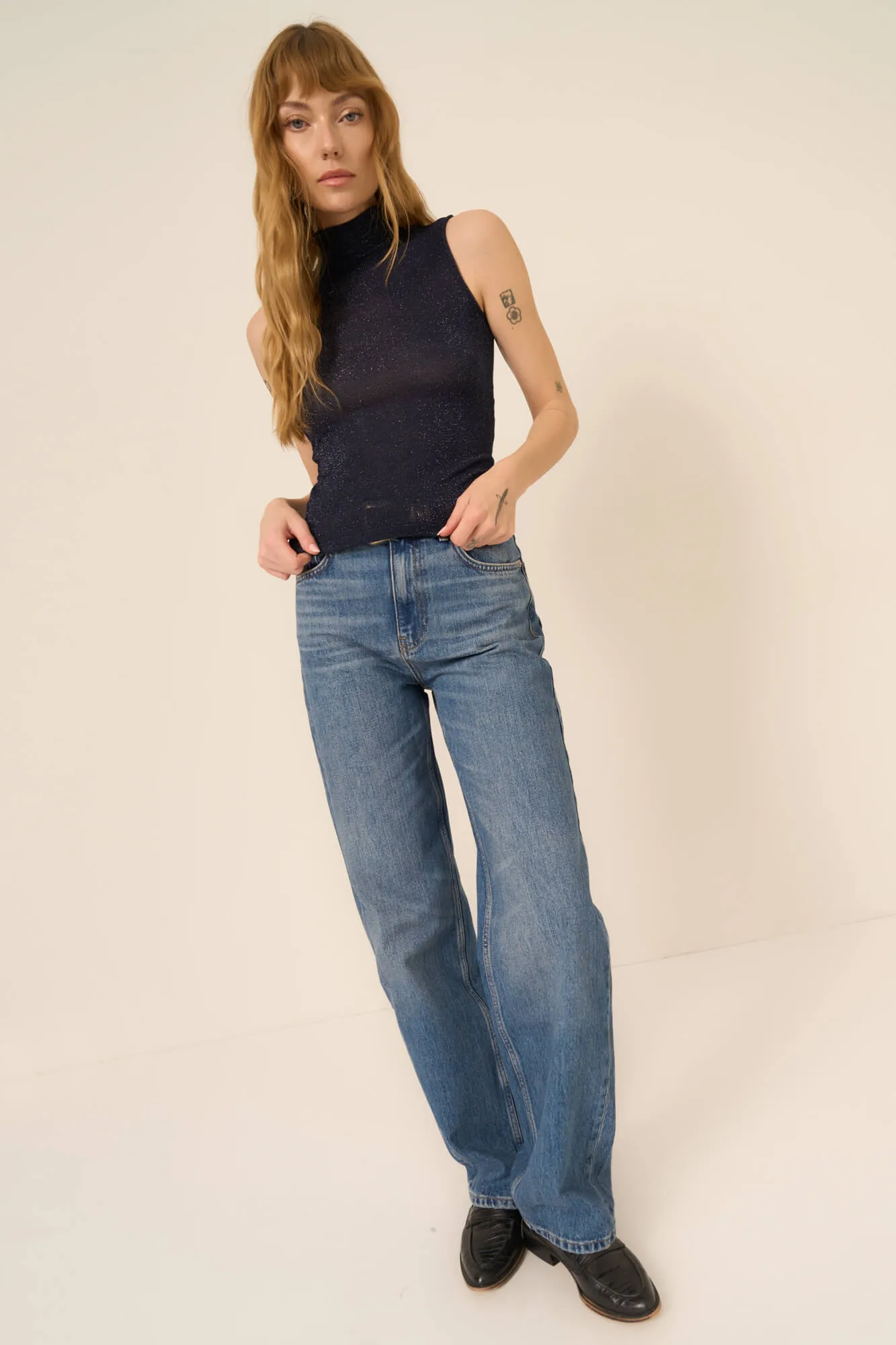 Domino Lurex Mock Neck Tank - Dark Night