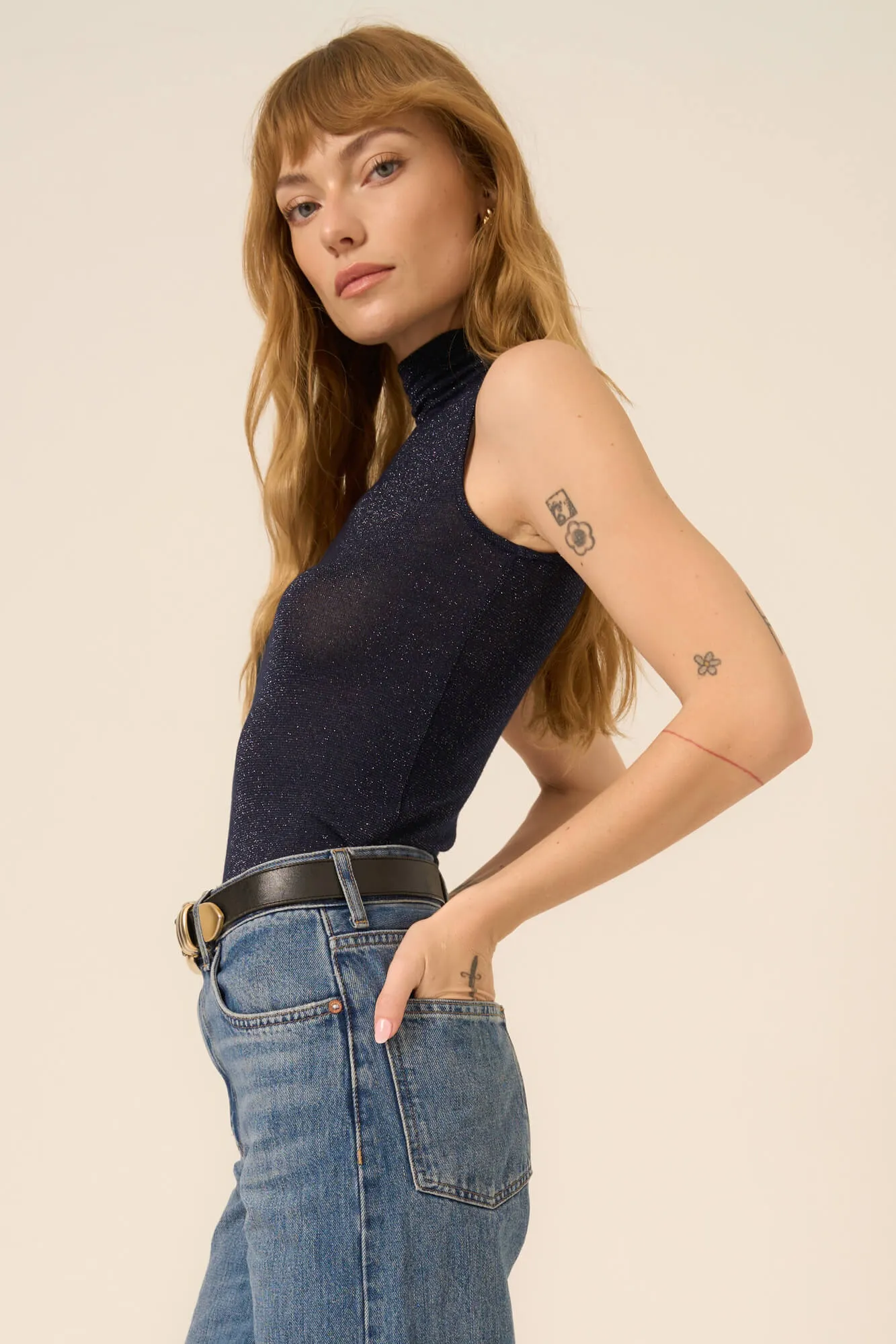 Domino Lurex Mock Neck Tank - Dark Night