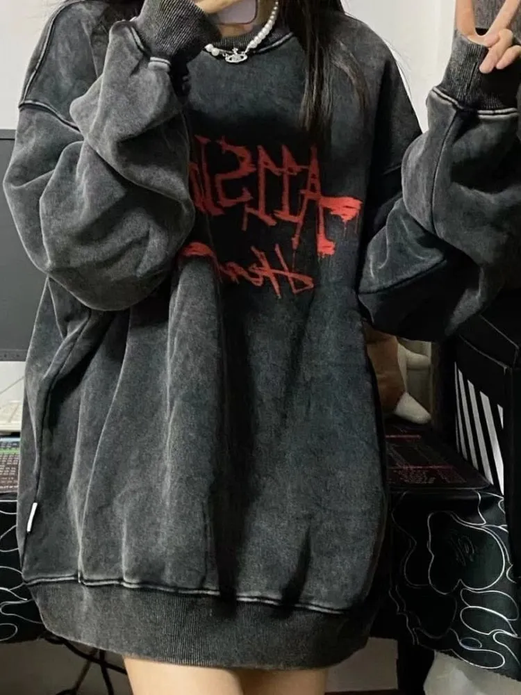 Fashionkova  Emo Gothic Print Oversized Sweatshirts Women Harajuku Vintage Loose Hoodies Long Sleeve Crewneck Pullovers Female Tops