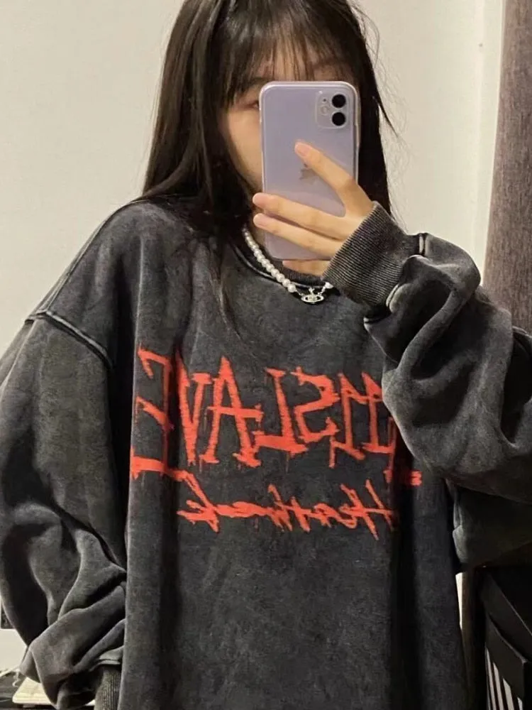 Fashionkova  Emo Gothic Print Oversized Sweatshirts Women Harajuku Vintage Loose Hoodies Long Sleeve Crewneck Pullovers Female Tops