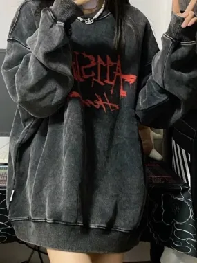 Fashionkova  Emo Gothic Print Oversized Sweatshirts Women Harajuku Vintage Loose Hoodies Long Sleeve Crewneck Pullovers Female Tops