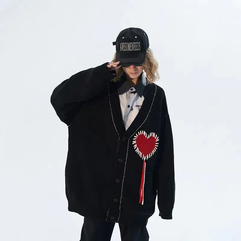 Fashionkova  Gothic Heart Cardigan Sweater For Women Harajuku Emo Embroidery Black Knitted Jumper Female Vintage Long Sleeve Jackets