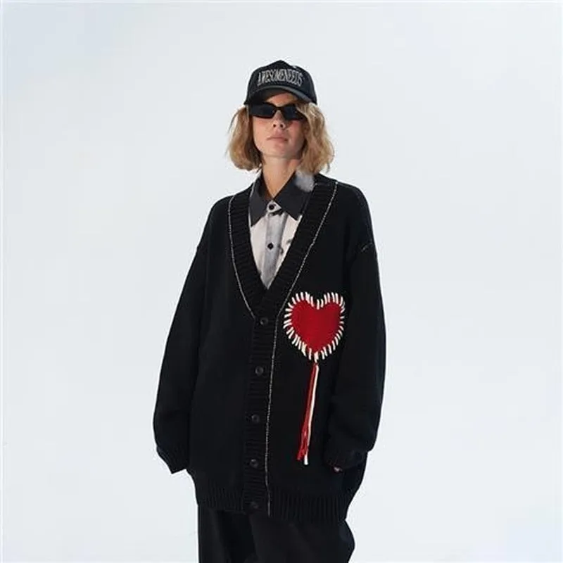 Fashionkova  Gothic Heart Cardigan Sweater For Women Harajuku Emo Embroidery Black Knitted Jumper Female Vintage Long Sleeve Jackets