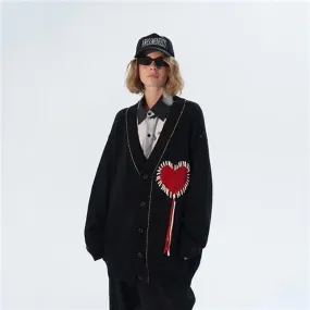 Fashionkova  Gothic Heart Cardigan Sweater For Women Harajuku Emo Embroidery Black Knitted Jumper Female Vintage Long Sleeve Jackets