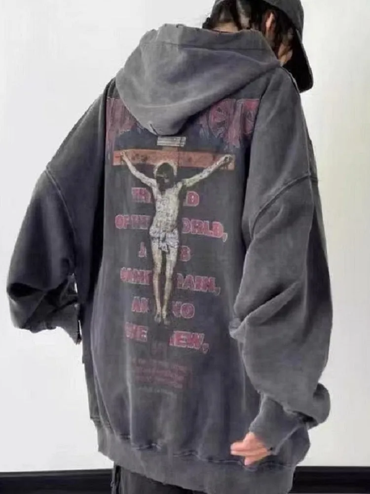 Fashionkova  Gothic Jesus Print Oversize Hoodie Women Vintage Harajuku White Crewneck Sweatshirts Pullover Female Mall Goth Tops