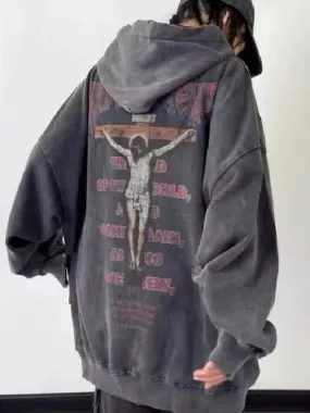 Fashionkova  Gothic Jesus Print Oversize Hoodie Women Vintage Harajuku White Crewneck Sweatshirts Pullover Female Mall Goth Tops