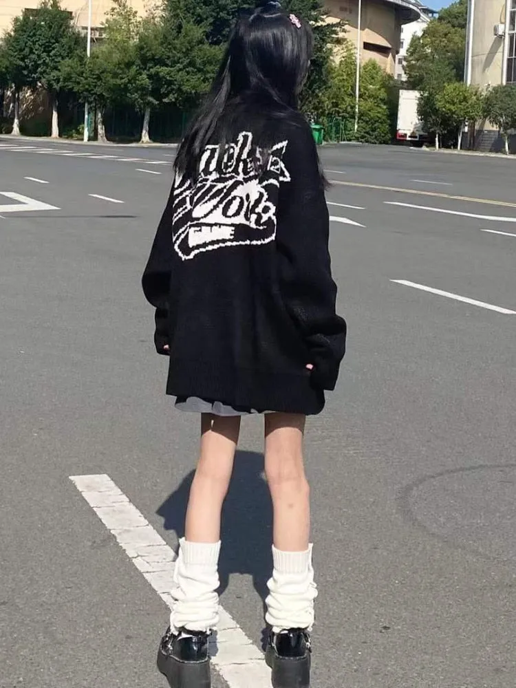 Fashionkova  Gothic Oversized Hoodies Women Harajuku Hip Hop Black Graphic Sweatshirts Loose Casual Crewneck Tops Streetwear Grunge