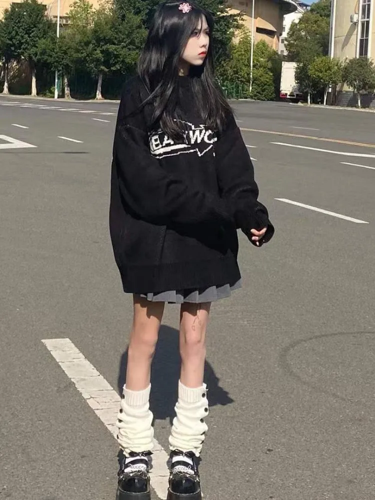 Fashionkova  Gothic Oversized Hoodies Women Harajuku Hip Hop Black Graphic Sweatshirts Loose Casual Crewneck Tops Streetwear Grunge