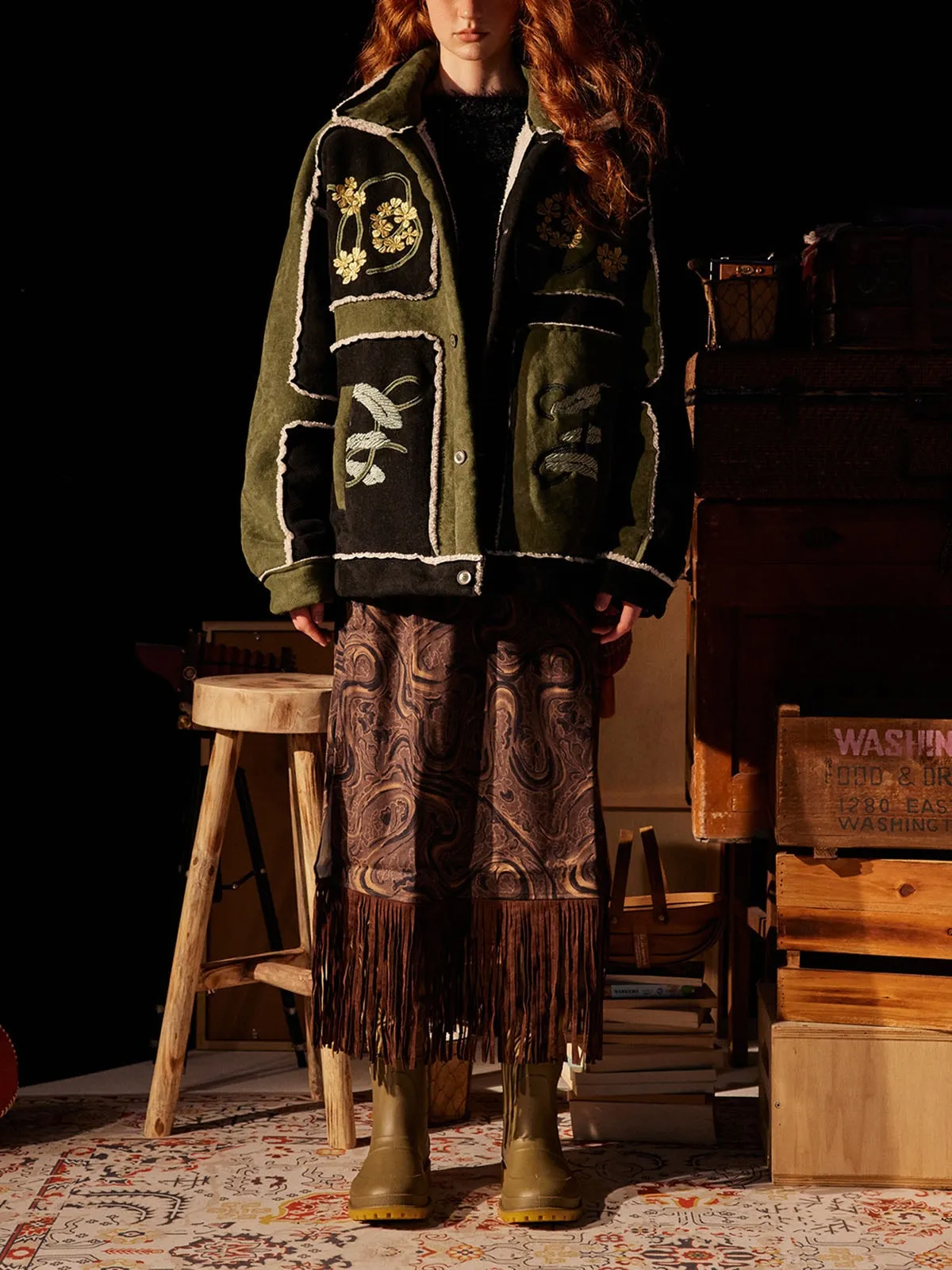 Floral Embroidered Suede Fleece Jacket - 2260