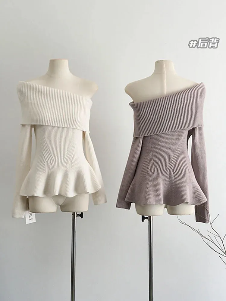 Girlary High Quality Knitted Pullovers Gyaru Autumn Winter Off Shoulder Slash Neck Sweater Tide Solid Jumper Formal Occasion High Street