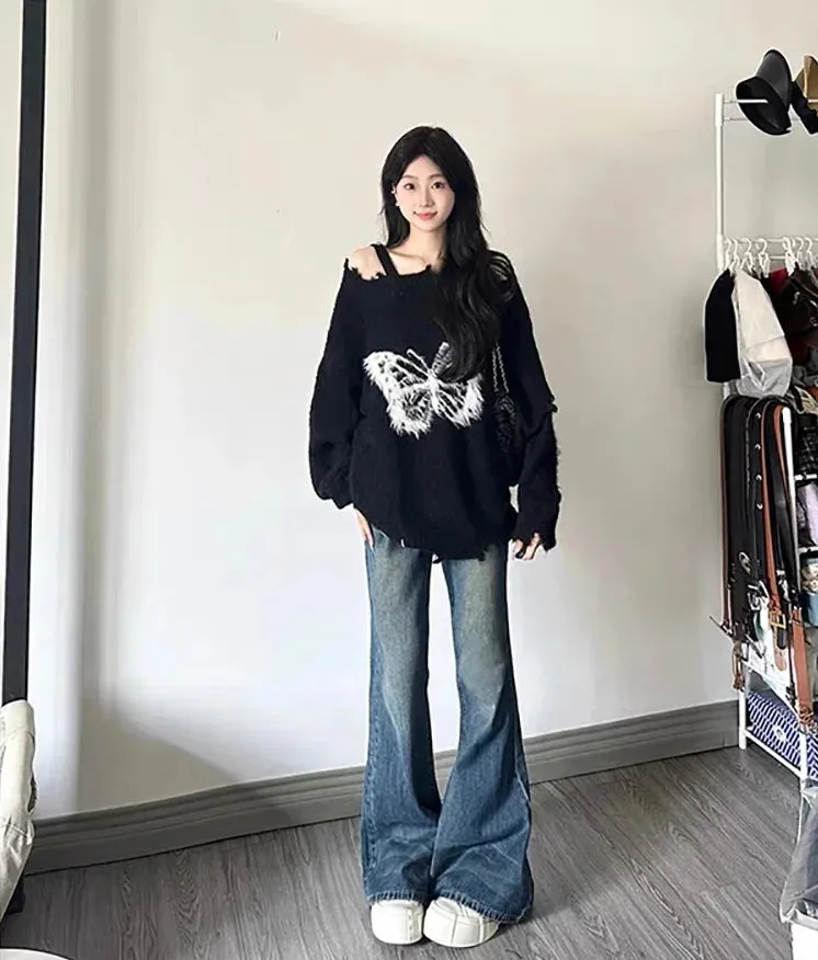 Girlary Women's Black Gothic Pullover Knitted Sweater Harajuku Korean Y2k Long Sleeves Jumper Sweaters Vintage 2000s Clothes 2024 Autumn
