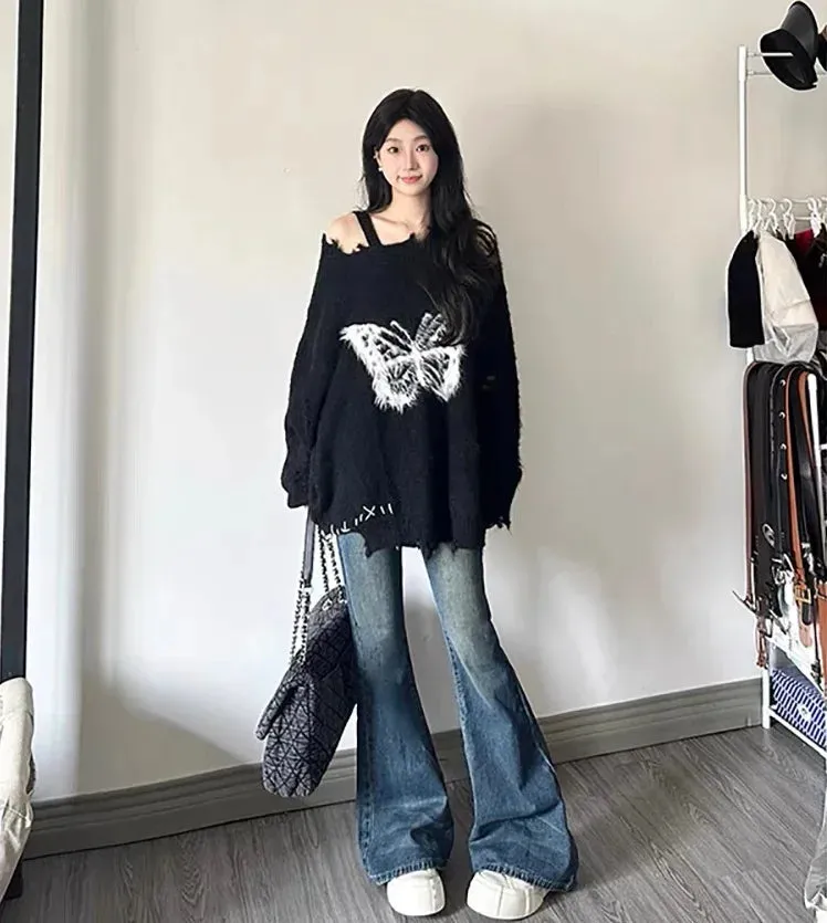 Girlary Women's Black Gothic Pullover Knitted Sweater Harajuku Korean Y2k Long Sleeves Jumper Sweaters Vintage 2000s Clothes 2024 Autumn